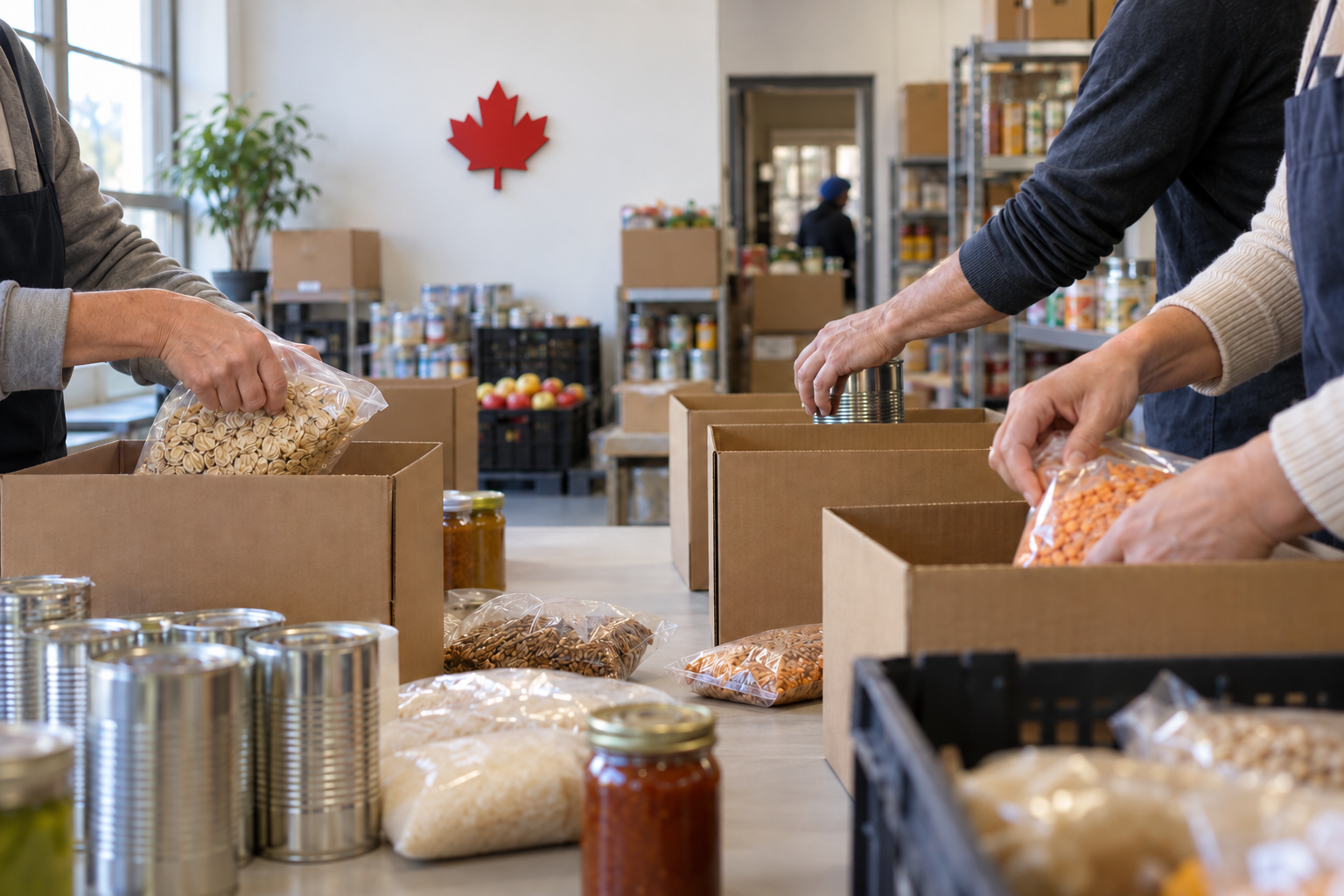 Volunteers packing food-bank boxes beneath a 16-inch solid-red wooden maple leaf