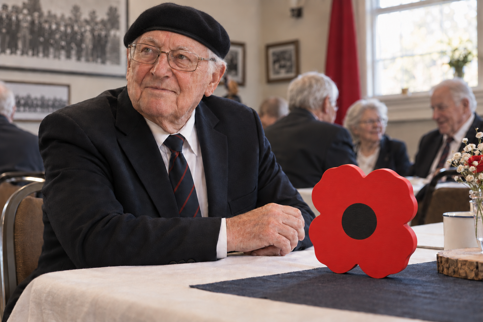 Older Canadian veteran wearing a plain beret beside a flat opaque-red wooden remembrance poppy