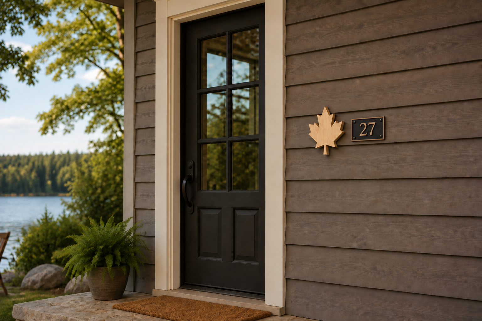 Eight-inch clear-varnished natural Canadian pine maple leaf beside the address at a lakeside cottage