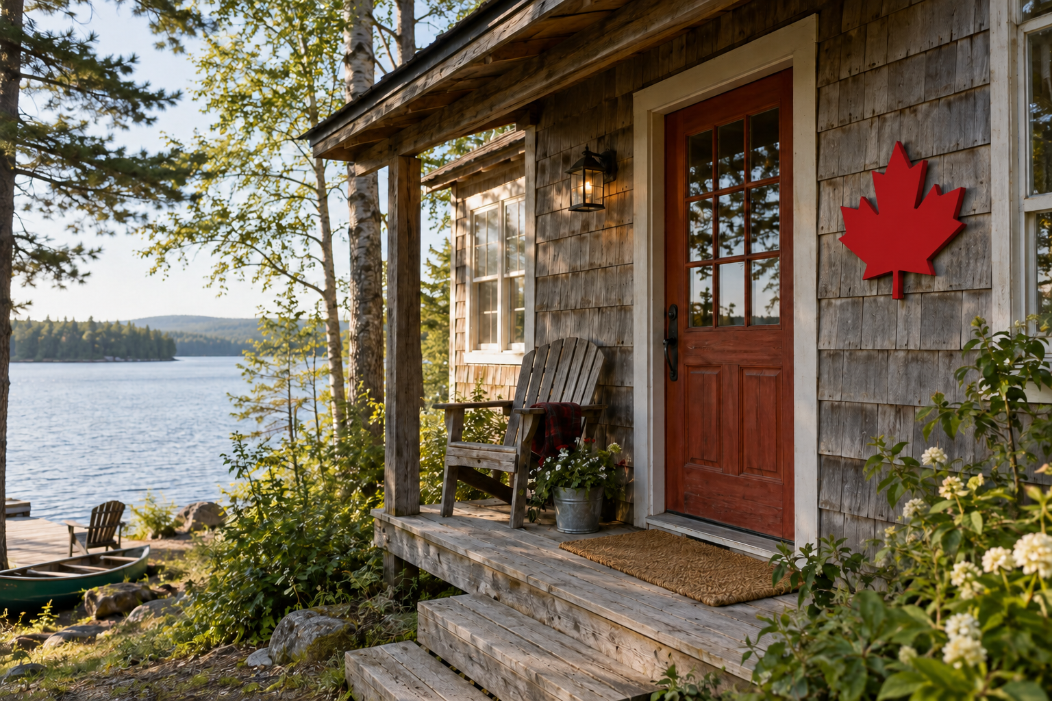 Sixteen-by-sixteen-inch wooden maple leaf, one inch thick and painted solid Canadian red, beside the entrance of a family cottage with a lake in the background