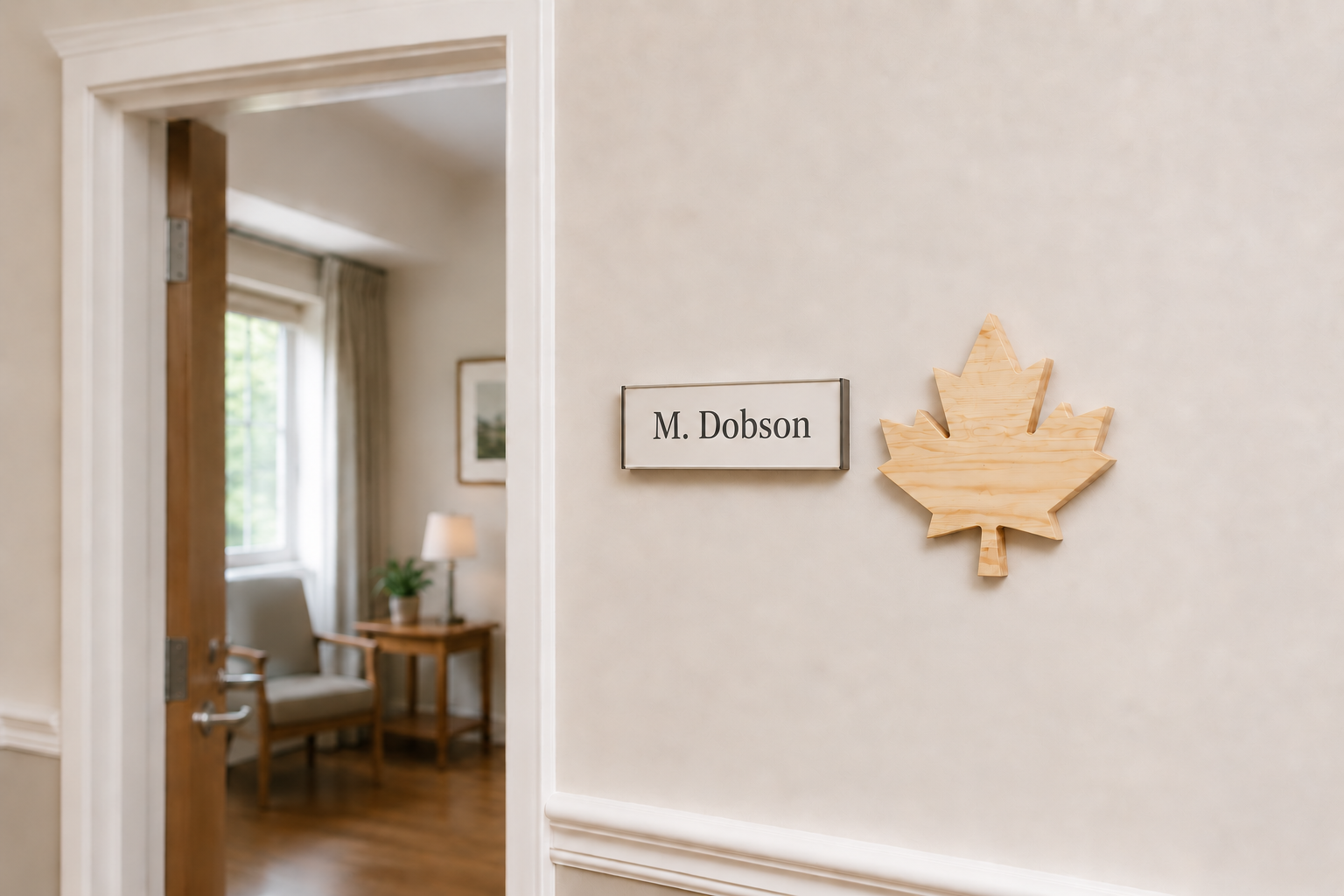 Eight-inch clear-varnished natural Canadian pine maple leaf beside a resident nameplate reading M. Dobson