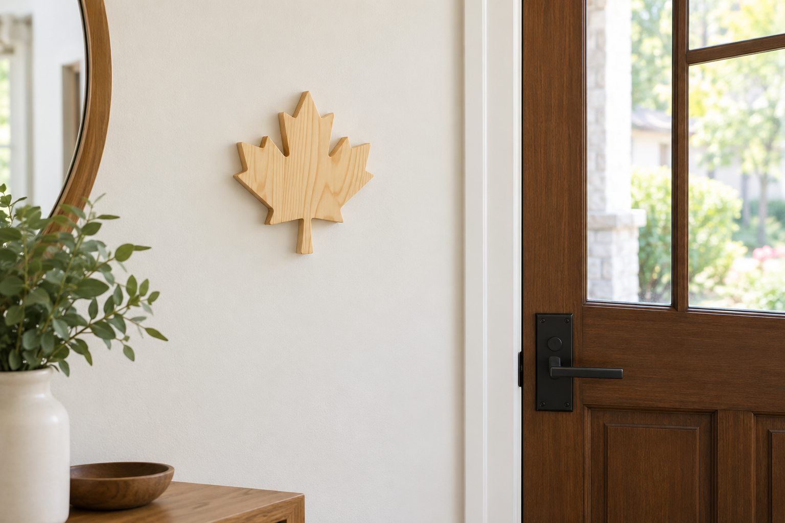 Eight-inch natural varnished Canadian pine maple leaf on an interior wall