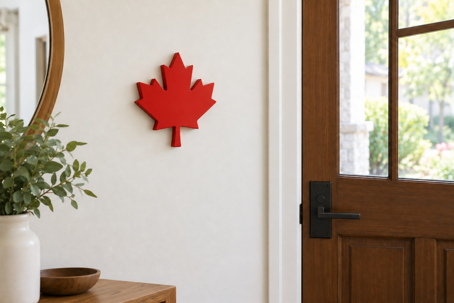 Eight-inch wooden maple leaf painted opaque solid Canadian red on the same interior wall