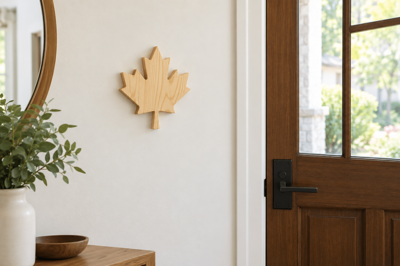 Nine-by-nine-inch natural varnished Canadian pine maple leaf, one inch thick, on an interior wall